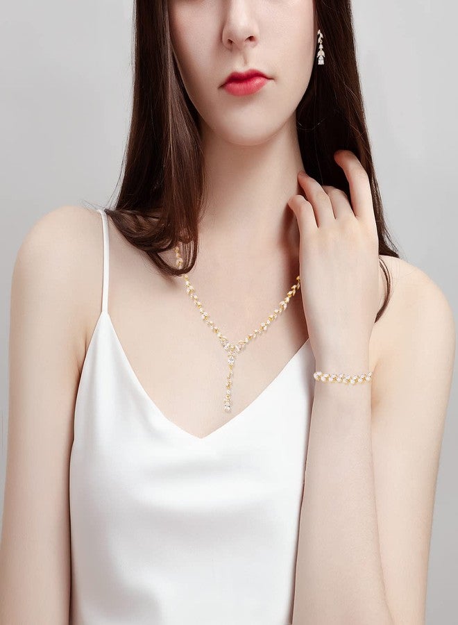 MEEDOZ Bridal Wedding Jewelry CZ Set Marquise Teardrop Cubic Zirconia Pendant Necklace and Dangle Earring Bracelet Sets for Women (Gold plated - 03) - Image 5